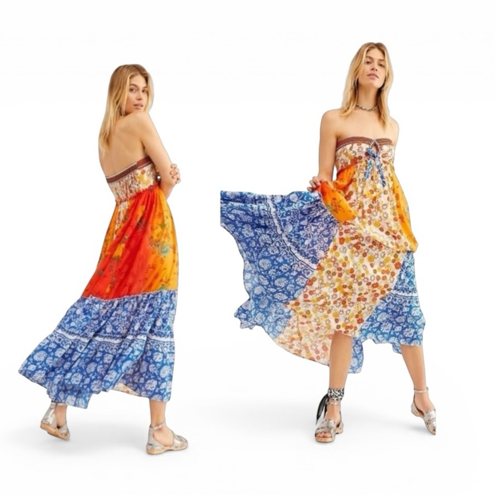 Free People Golden Dreams Maxi dress size large
Patchwork strapless vacation